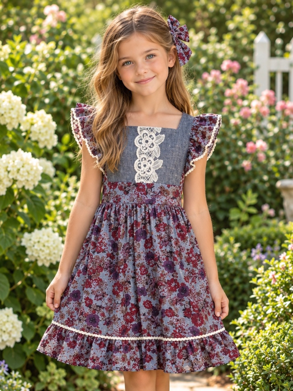 Ele story elestory 6-7 flutter sleeve Floral Ruffle Kids Dress with Lace Trim